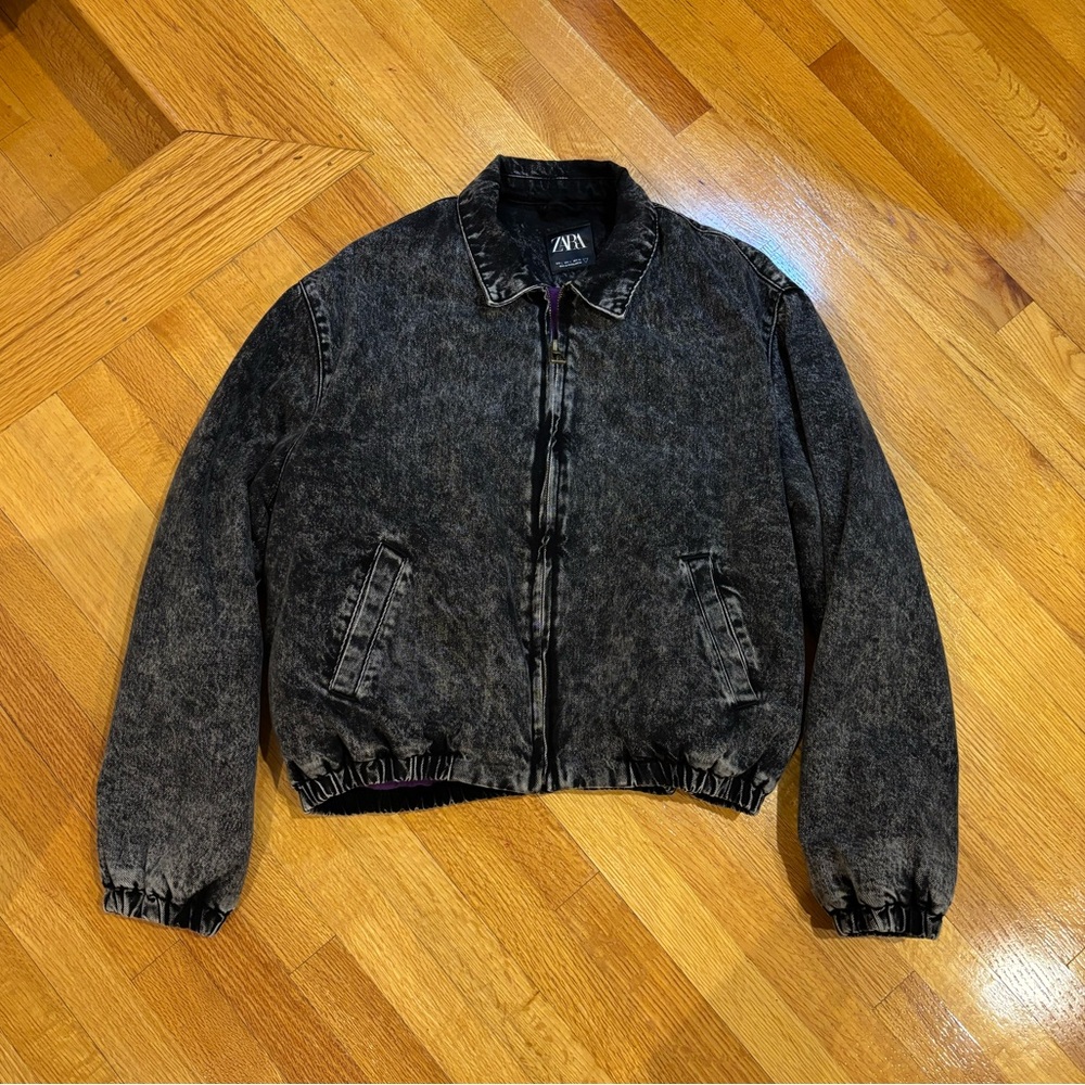 Zara Cropped Denim Bomber Jacket - Grey Acid Wash - Size L